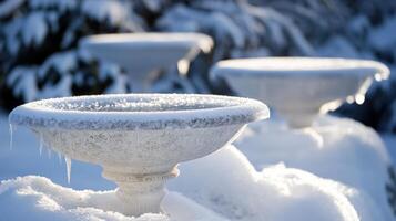 Frozen bird baths covered in a winter wonderland. photo