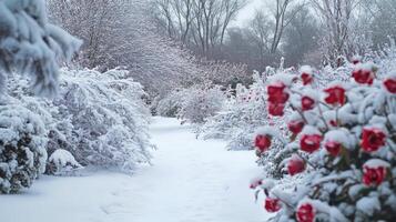 Snowy winter scene with red roses covered in snow. photo
