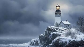 Snowy winter scene of a lighthouse on a rocky coast. photo