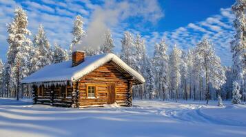 Snowy winter cabin nestled in a frosty forest. photo
