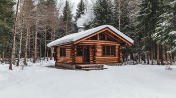 Rustic log cabin nestled within a snowy forest. photo