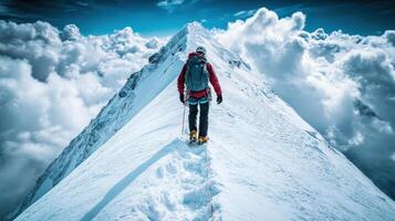 Mountain climber ascends a snow-covered ridge. photo
