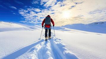 A person ski touring on a snowy mountain path. photo
