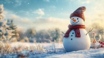 Cheerful snowman in winter landscape with falling snow. photo