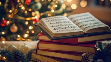 Festive music book resting atop a stack of books. photo