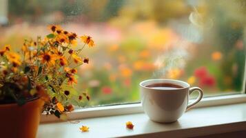 Autumnal windowsill scene with steaming tea and flowers. photo