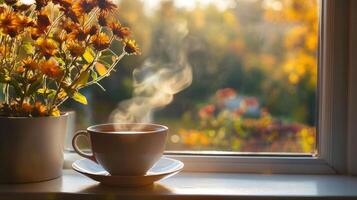 Autumnal warmth captured by a window, showcasing a steaming cup of tea. photo