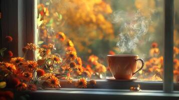Autumnal warmth seen through a window with tea. photo