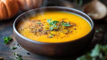 Close up of a warm pumpkin soup in a bowl. photo