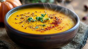 A warm, autumnal soup in a rustic bowl. photo