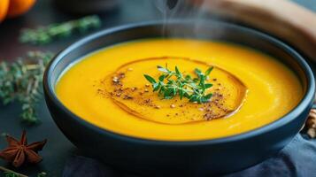 Close up of a steaming bowl of pumpkin soup. photo