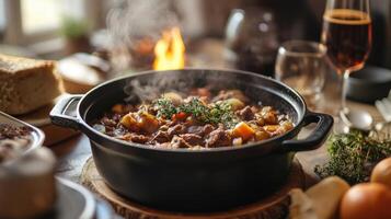 A hearty stew simmering in a cast iron pot. photo