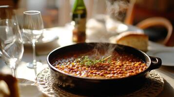 Steaming lentil dish on a dining table. photo