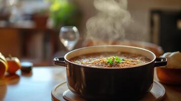 Steaming lentil soup in a large pot. photo