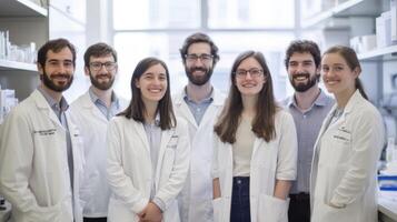Group of researchers posing in a laboratory setting. photo