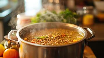 A warm lentil stew steaming in a large pot. photo