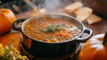 Hearty lentil soup simmering in a large pot. photo