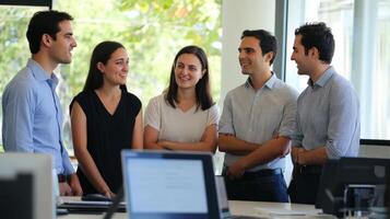 Informal business conversation inside a modern office. photo