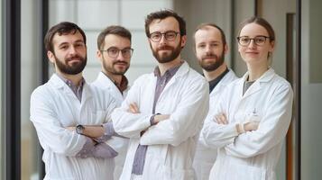 A group portrait of four individuals in lab coats. photo