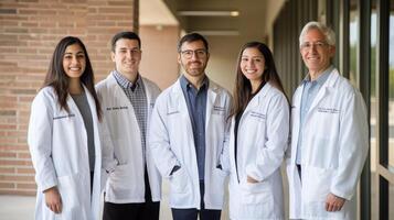 Group portrait of diverse medical professionals in a hallway setting. photo
