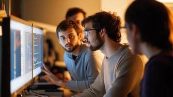 Team of programmers collaborating on a digital project. photo