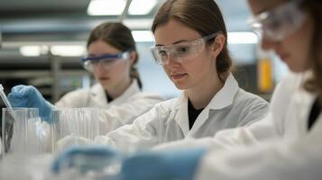 Focused young researchers conducting experiments in a lab. photo