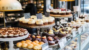 Elegant display of various sweet treats in a bakery. photo