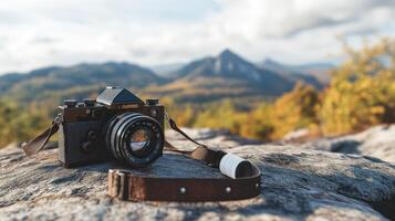Vintage camera rests on a rocky outcrop overlooking a mountain vista. photo