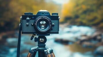 Vintage camera on tripod, autumnal forest backdrop. photo