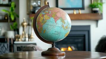 Vintage globe resting on a wooden table in a room. photo