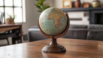 Vintage globe sitting on a wooden table. photo