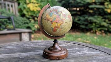 Vintage desktop globe resting on a wooden table. photo