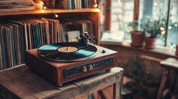 Vintage record player on a wooden table in a cozy room. photo