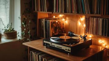 Warm interior scene with record player and bookshelves. photo