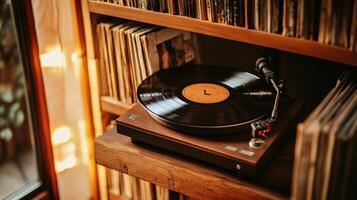 Vintage record player nestled among vinyl records on a wooden shelf. photo