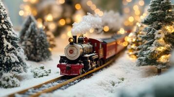 Festive miniature train in a snowy winter landscape. photo
