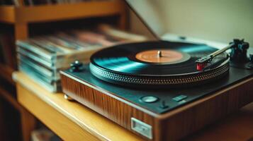Close-up view of a vintage turntable playing a record. photo
