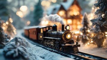 Winter wonderland scene of a miniature train. photo