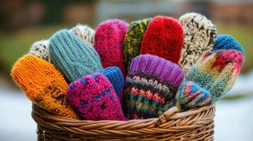 Colorful knitted mittens clustered in a wicker basket. photo