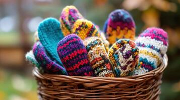Colorful knitted mittens nestled within a wicker basket. photo