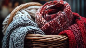Cozy collection of knitted and plaid blankets in a wicker basket. photo