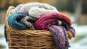 Knitted textiles piled high in a woven basket. photo
