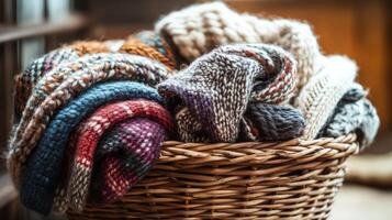 Pile of colorful knitted garments in a wicker basket. photo