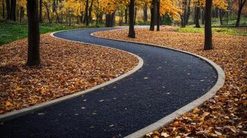 Winding path through autumnal parkland, edged with fallen leaves. photo