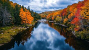 Autumnal river valley reflected in a calm stream. photo