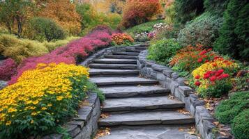 Winding stone steps ascend through a vibrant autumn garden. photo