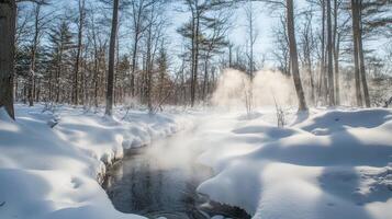 A serene winter forest stream scene with snow-covered banks. photo
