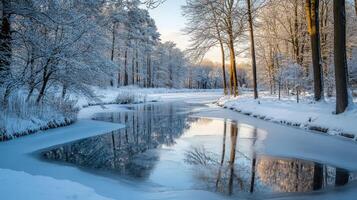 Frozen winter landscape with snowy trees reflecting on ice. photo