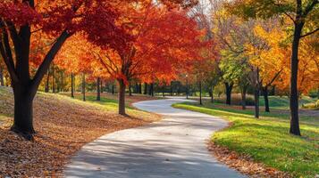 Winding path through autumnal park landscape. photo
