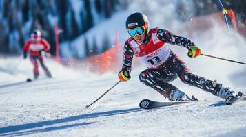 Focused skier navigating a snowy ski slope. photo